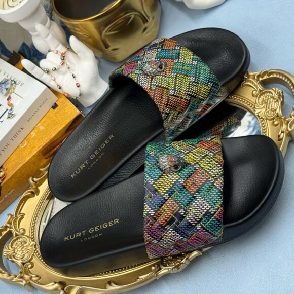 🆕 KURT GEIGER LONDON 🧿 NWOB Meena Eagle Slide, Black Rainbow Weave, Sz 40 US 9 - Picture 9 of 14
